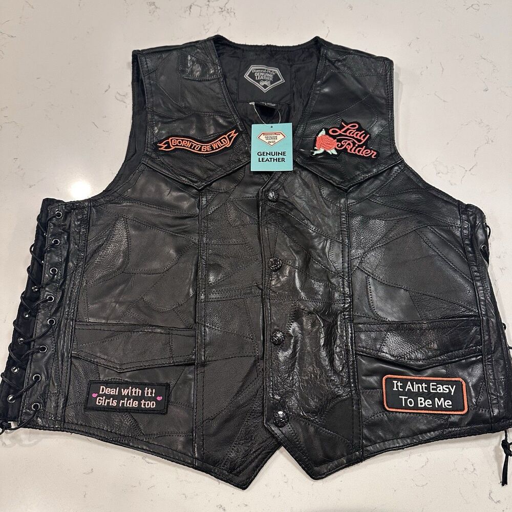 Womens Diamond Plate Genuine Leather Motorcycle Biker Vest With Patches Size L